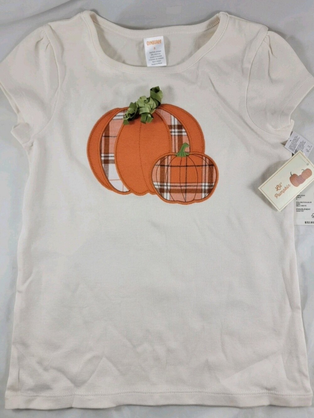NWT NEW Gymboree Girls Size 8 Ivory/Cream Plaid Pumpkin Short Sleeve Top T-shirt